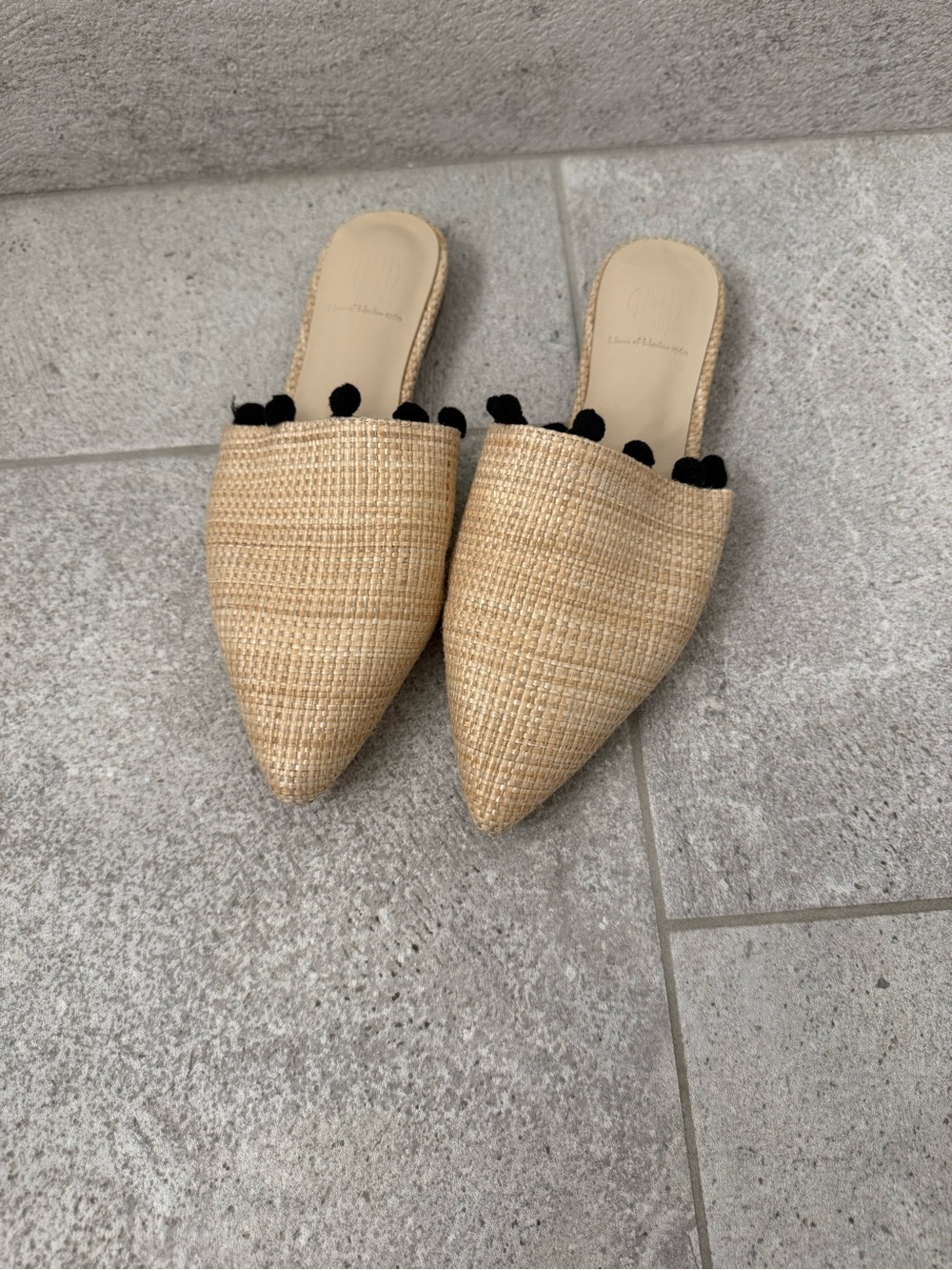 House of Harlow Natural Straw Pointed-Toe Slide Mules w/ Pom Pom Trim